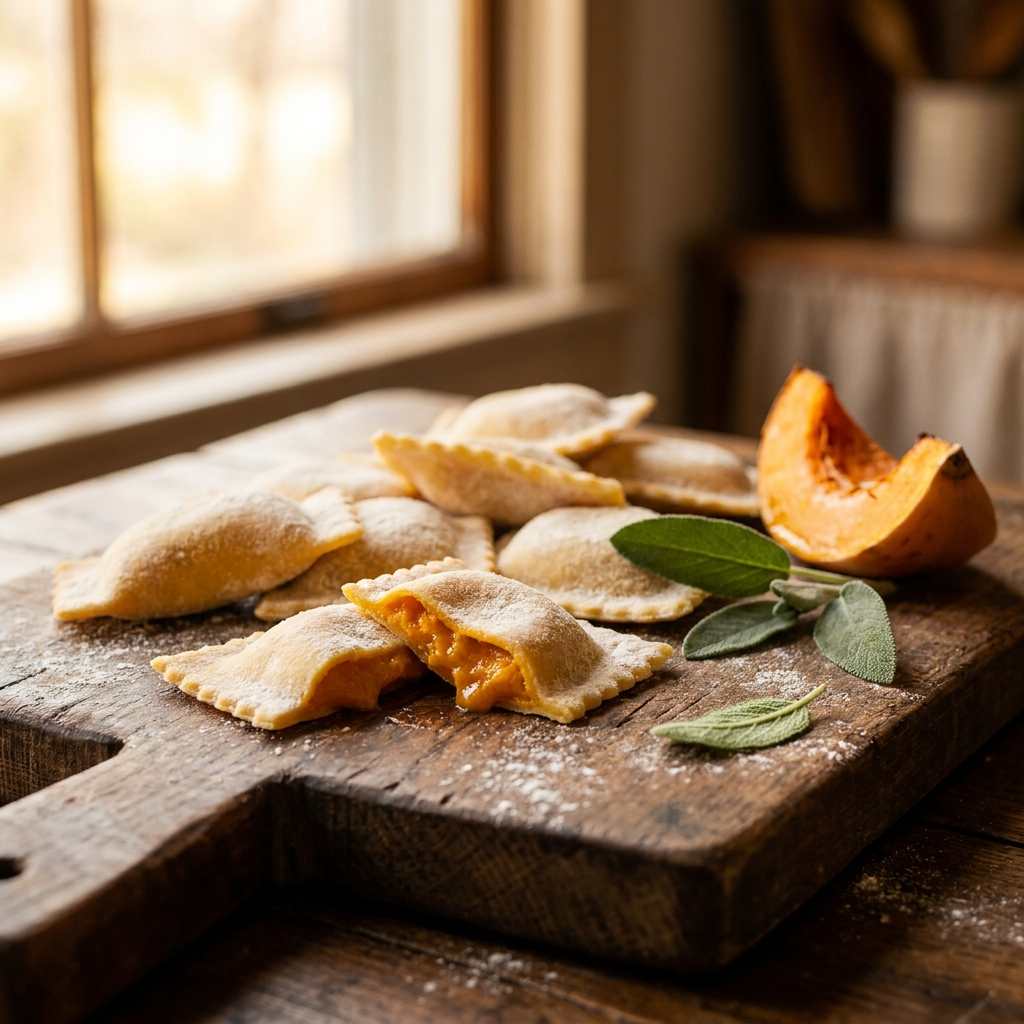 Fresh butternut squash agnolotti and ravioli with sage leaves