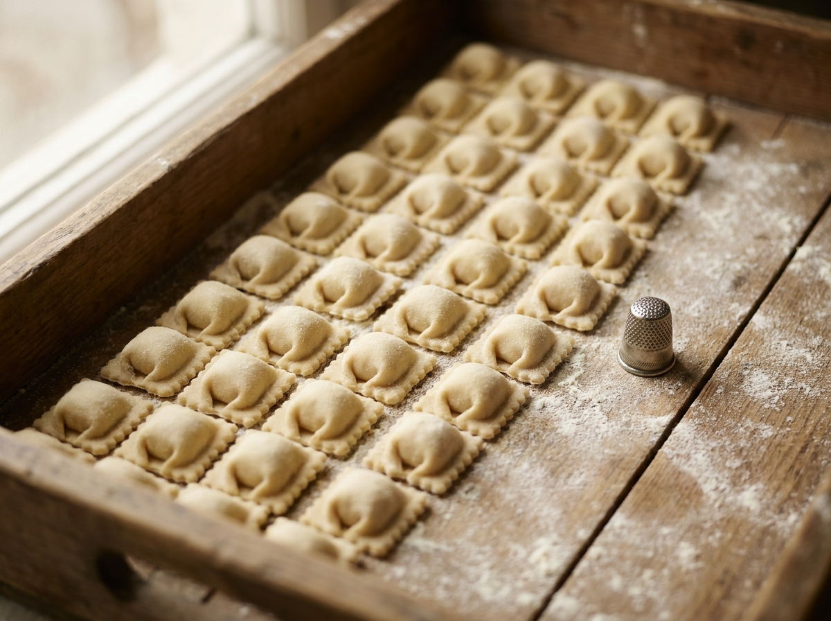 Many tiny fresh raviolini in neat rows on a floured tray