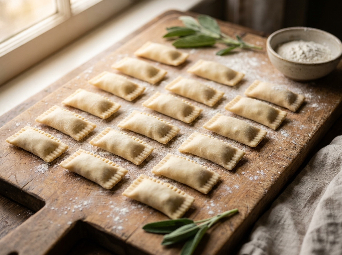 Rows of fresh agnolotti, pinched rectangular filled pasta