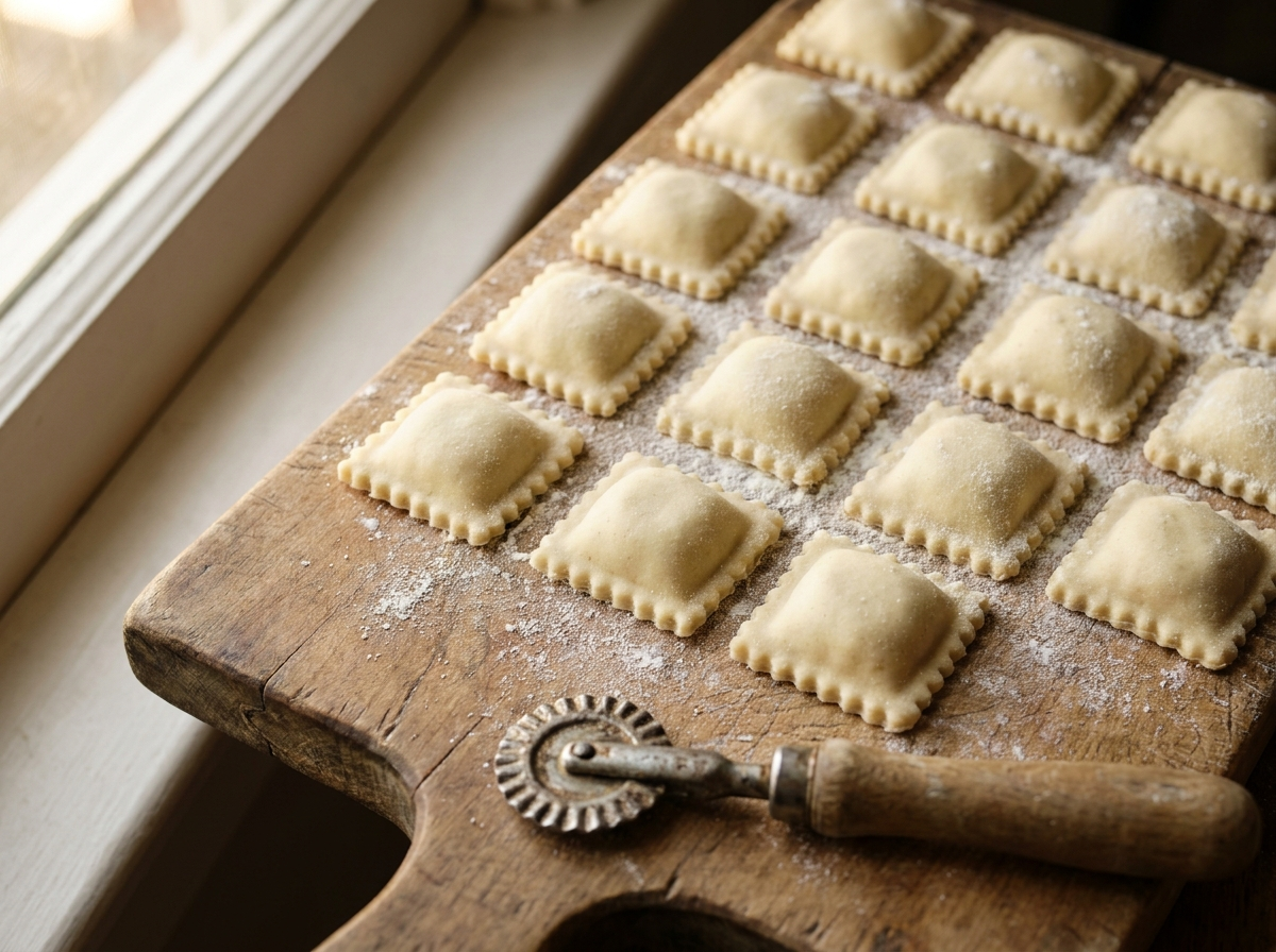 Rows of large fresh square ravioli with fluted edges