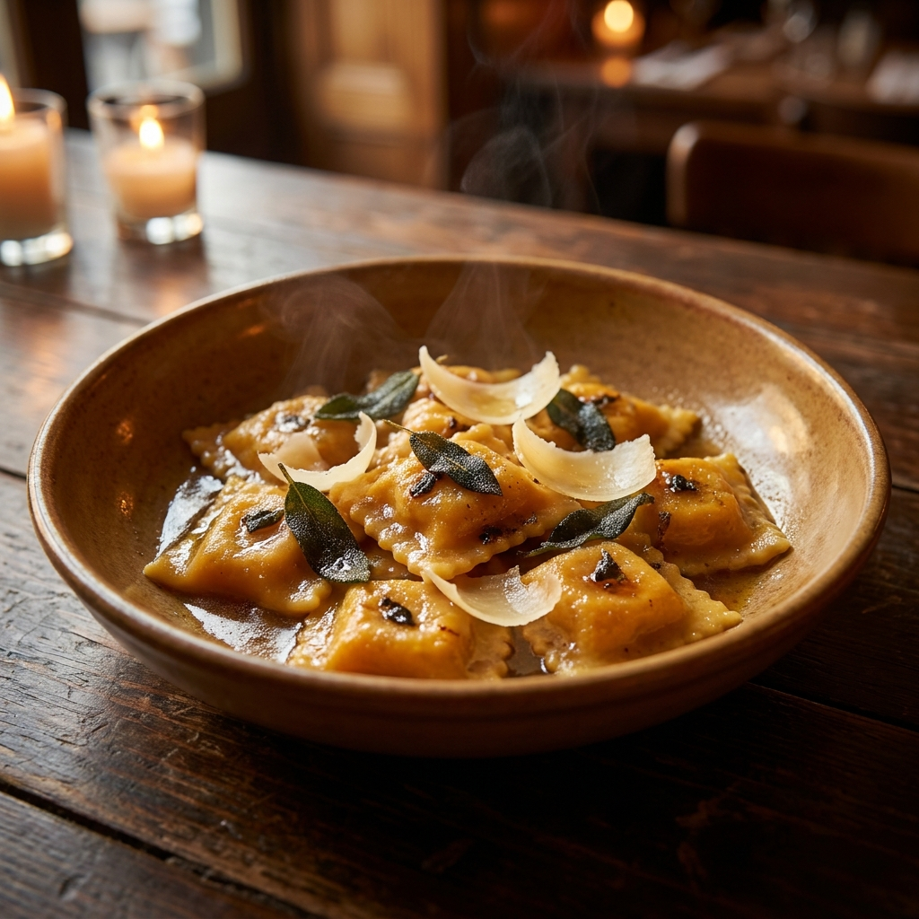 Butternut squash agnolotti plated with sage brown butter