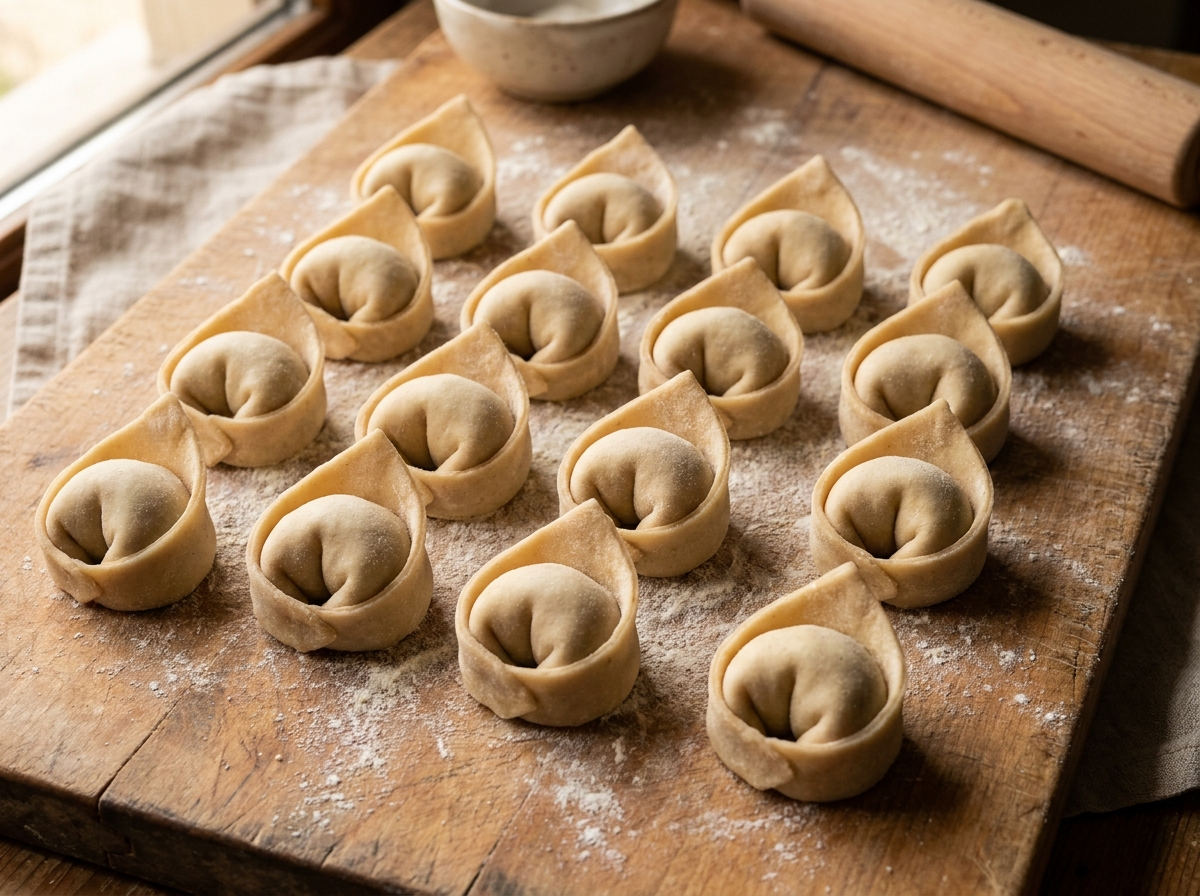 Rows of fresh cappellacci, large hat-shaped filled pasta