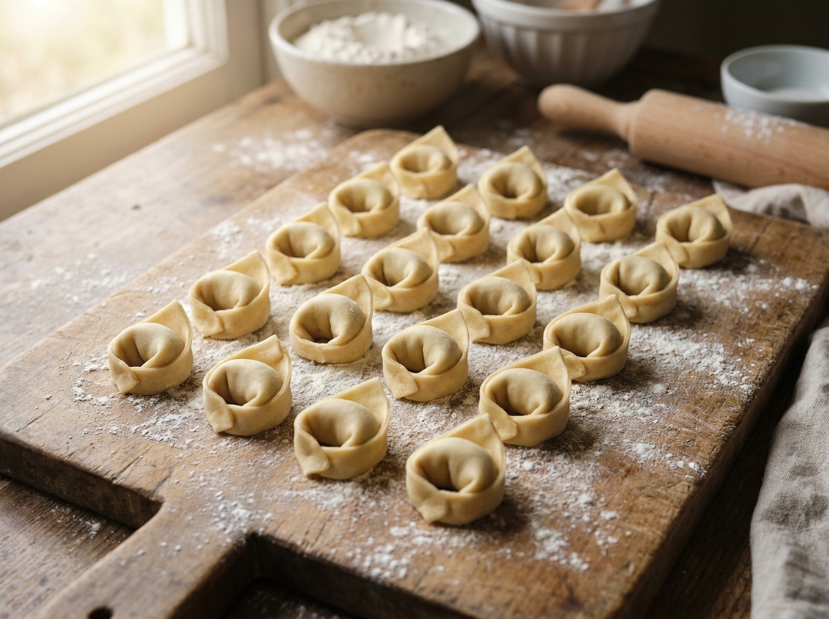 Rows of fresh tortelloni, large ring-shaped filled pasta