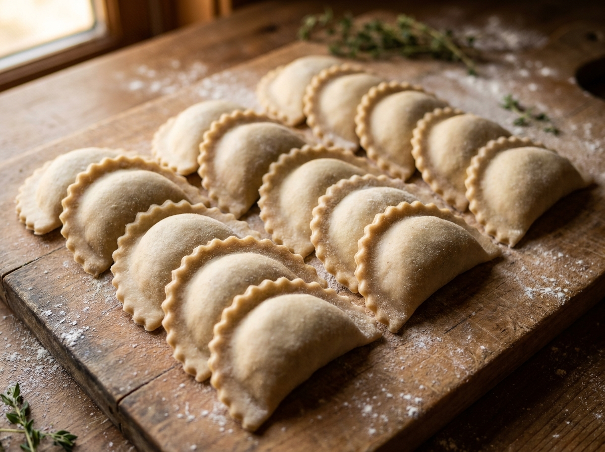 Rows of fresh mezzelune, half-moon shaped filled pasta