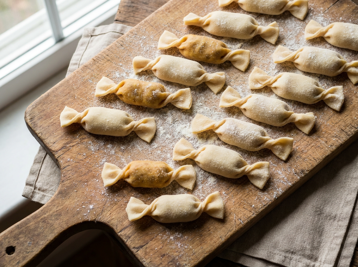 Rows of fresh caramelle, candy-wrapper shaped filled pasta