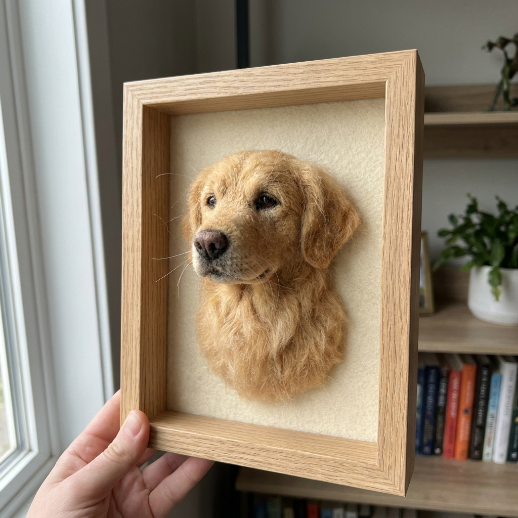 The Frame, a needle felted golden retriever head and chest portrait in an oak shadow box
