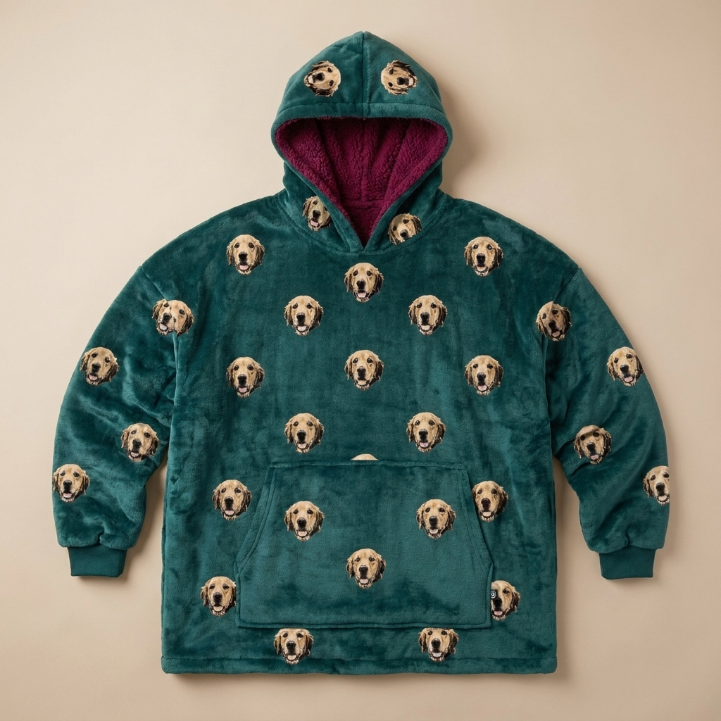 The Furdie in teal with cherry lining, printed all over with a golden retriever face monogram, laid flat