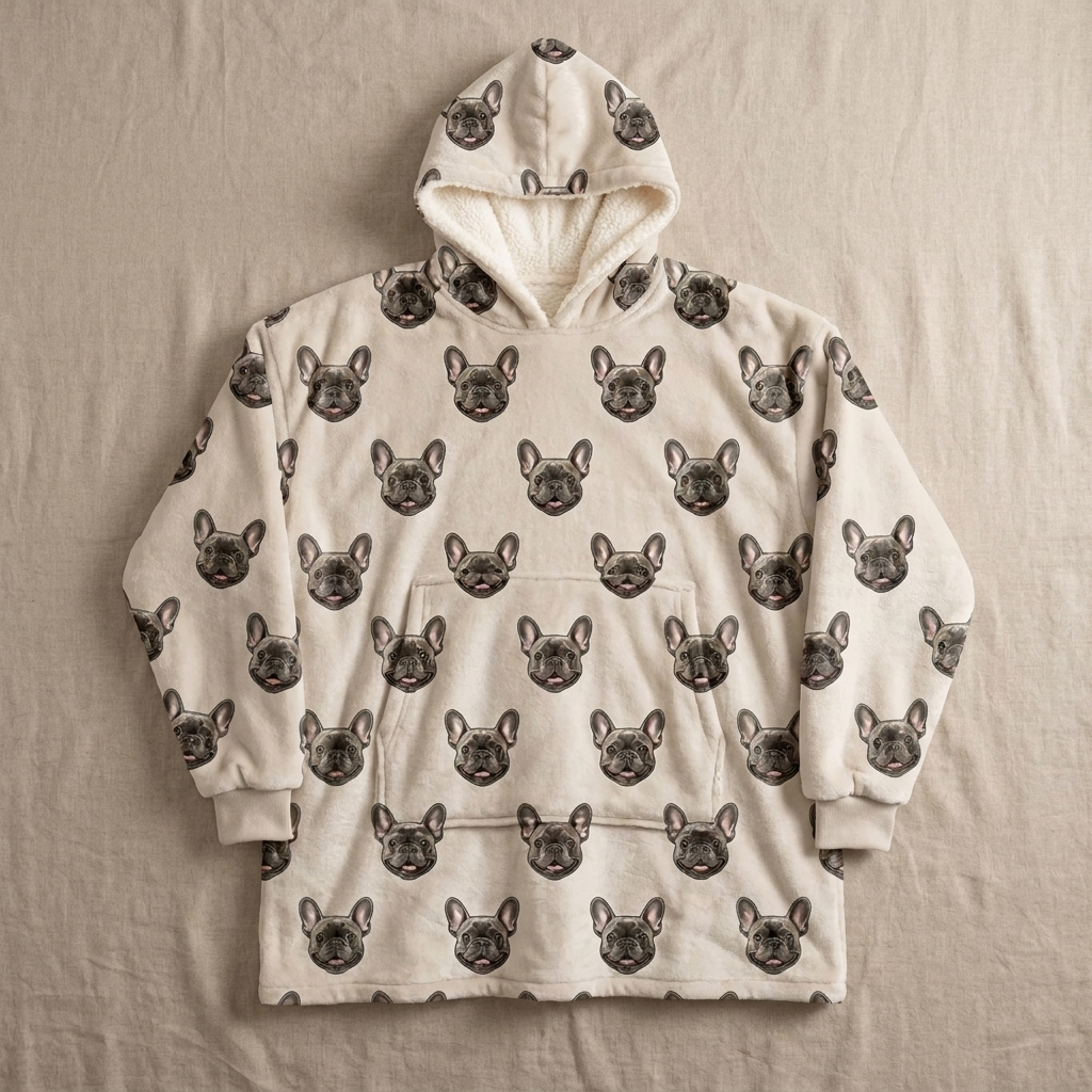 The Furdie in beige, printed all over with a French Bulldog face monogram, laid flat