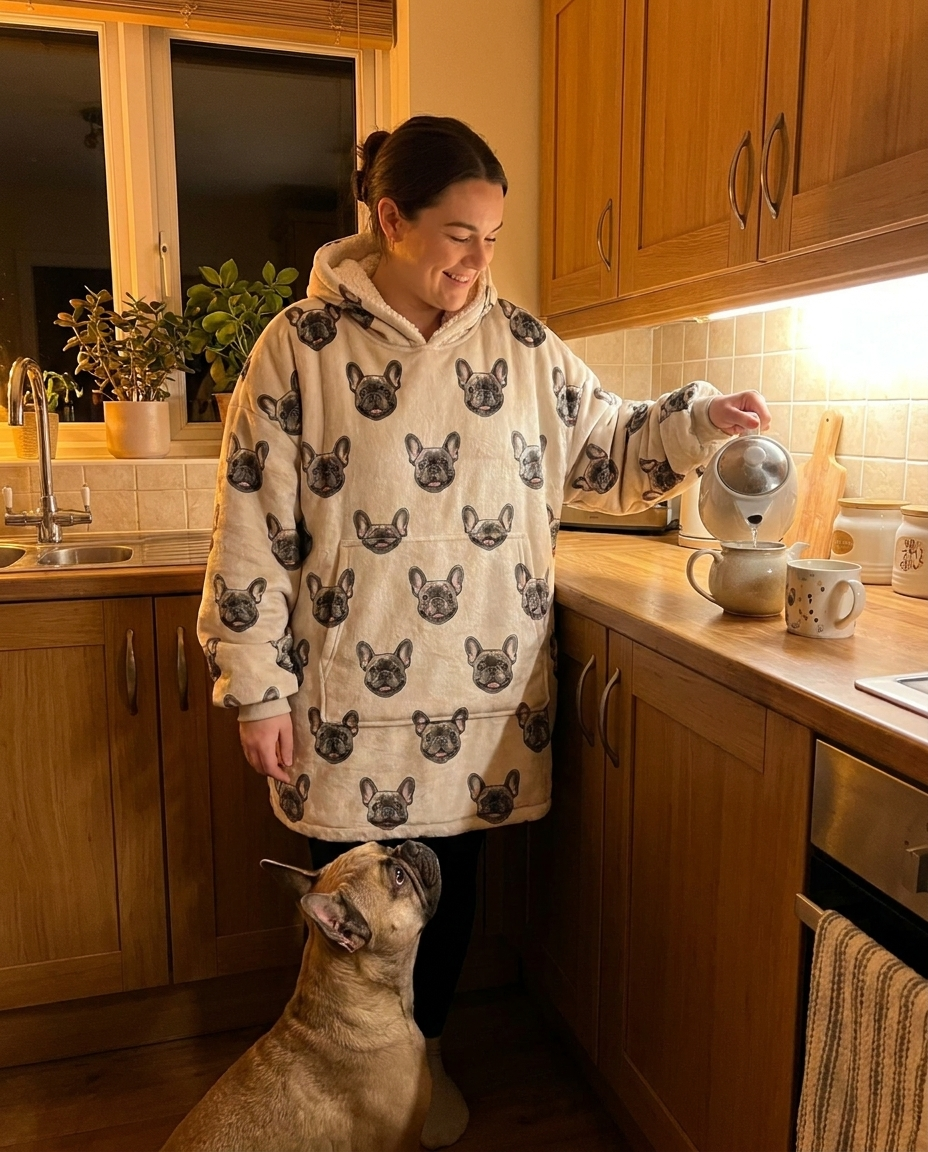 A woman in her kitchen wearing the beige Furdie with a French Bulldog monogram, her real frenchie at her feet