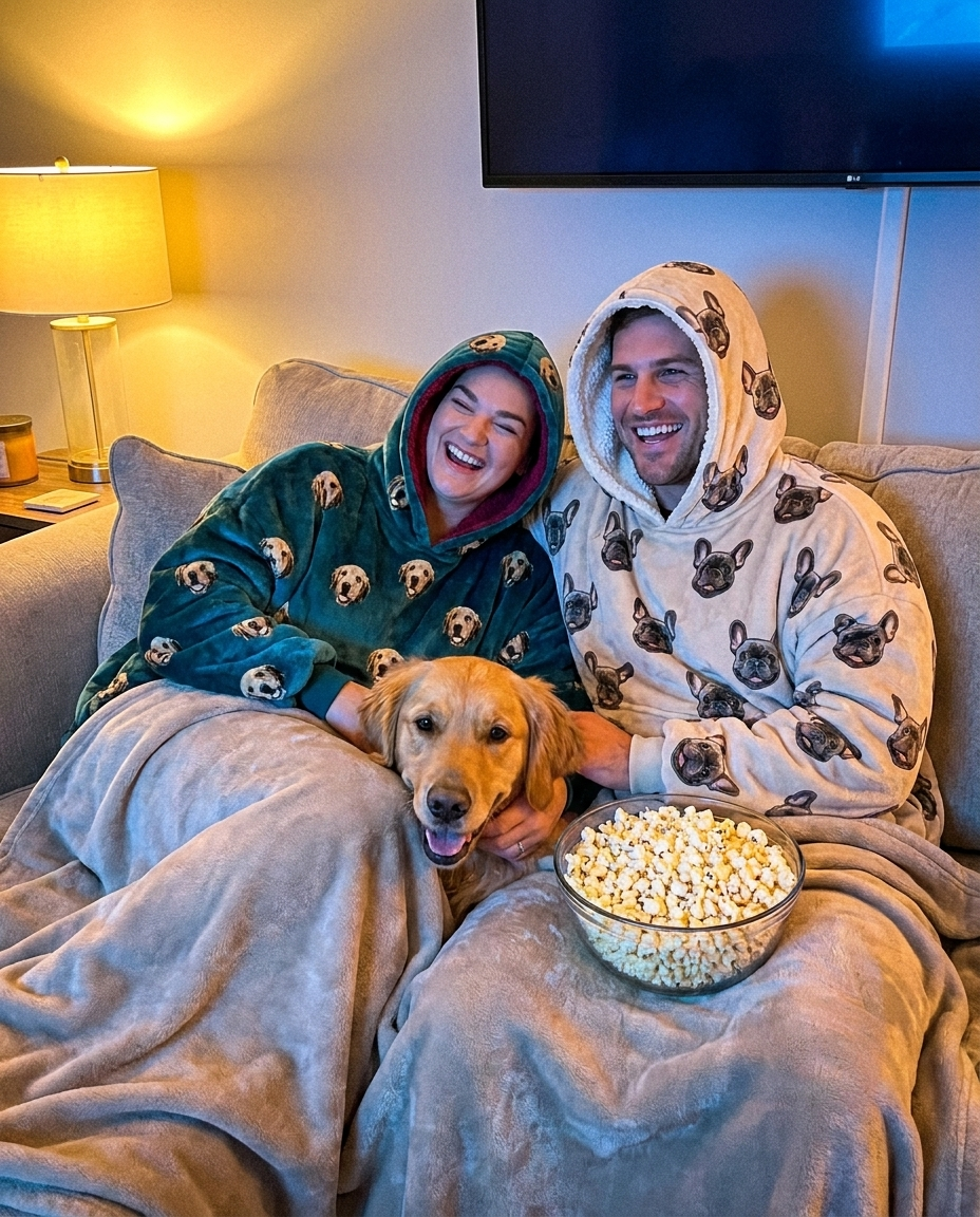 A couple on movie night wearing teal and beige Furdies with their golden retriever between them