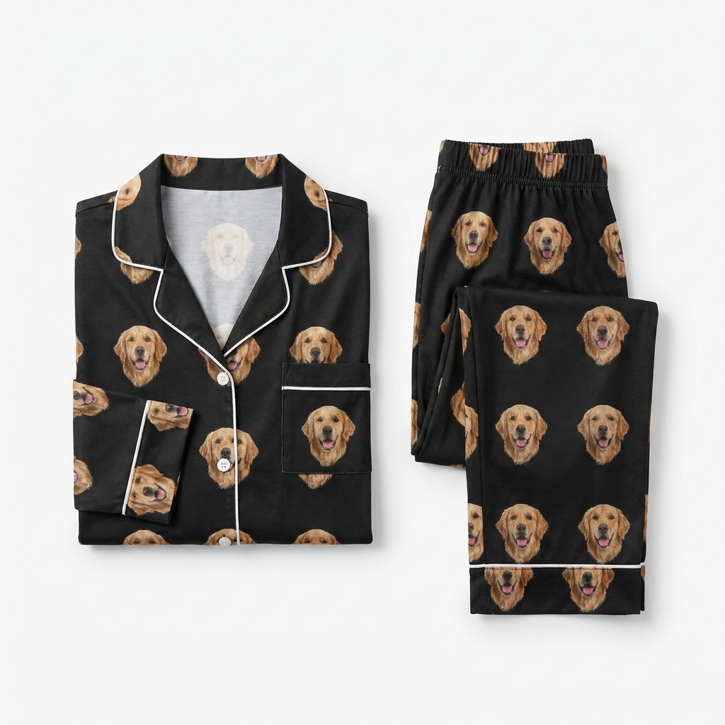 The Jammies button-down pajama set in black, printed all over with a golden retriever face, laid flat