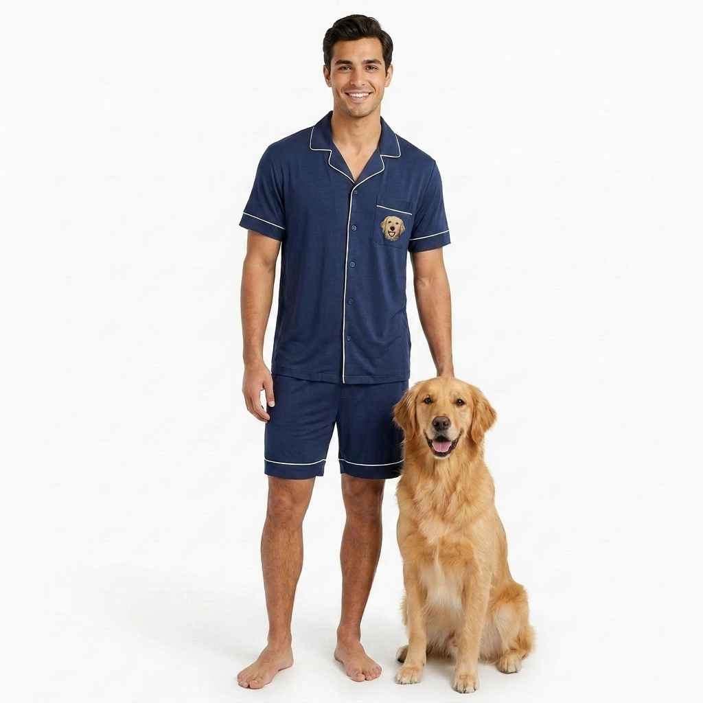 The Bamboo Jammies short-sleeve set in navy with a small printed pet face on the chest, worn by a model with his golden retriever