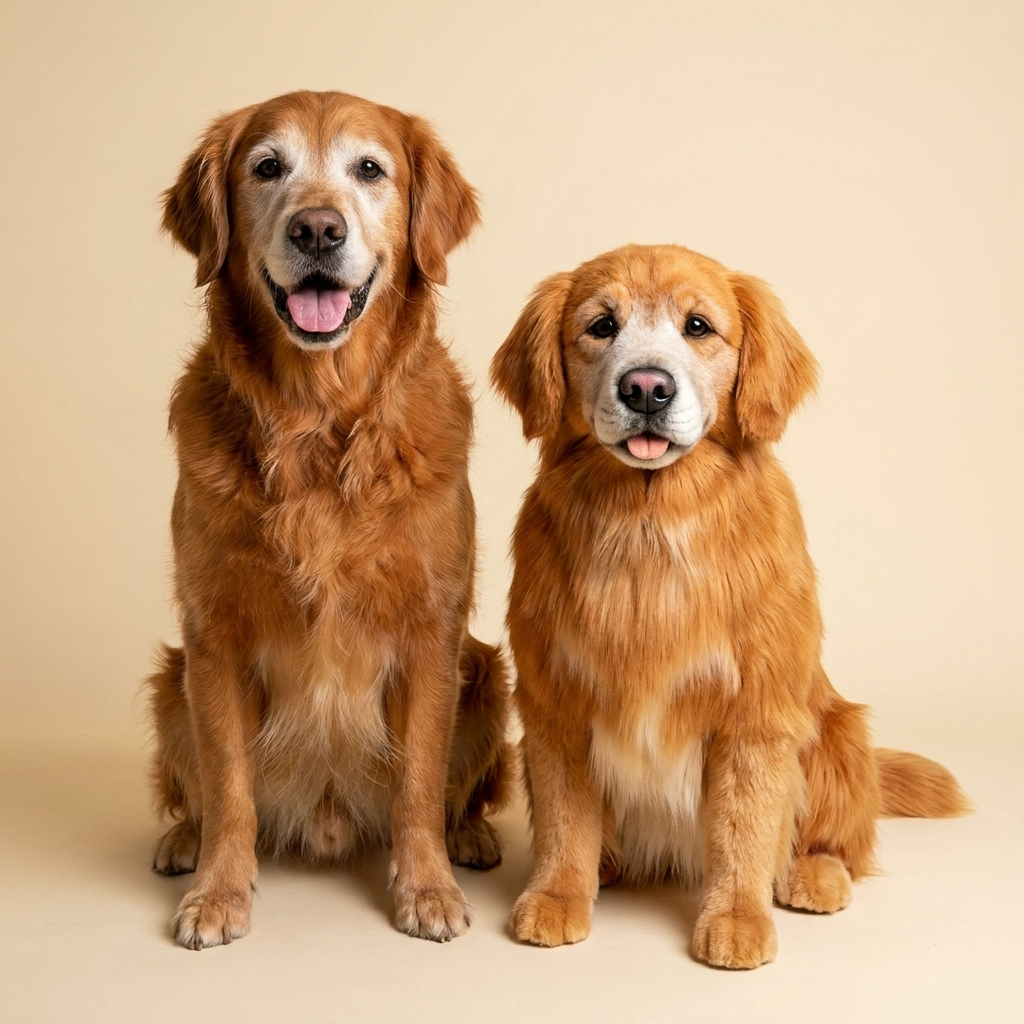Charlie the golden retriever beside his Twinnie twin