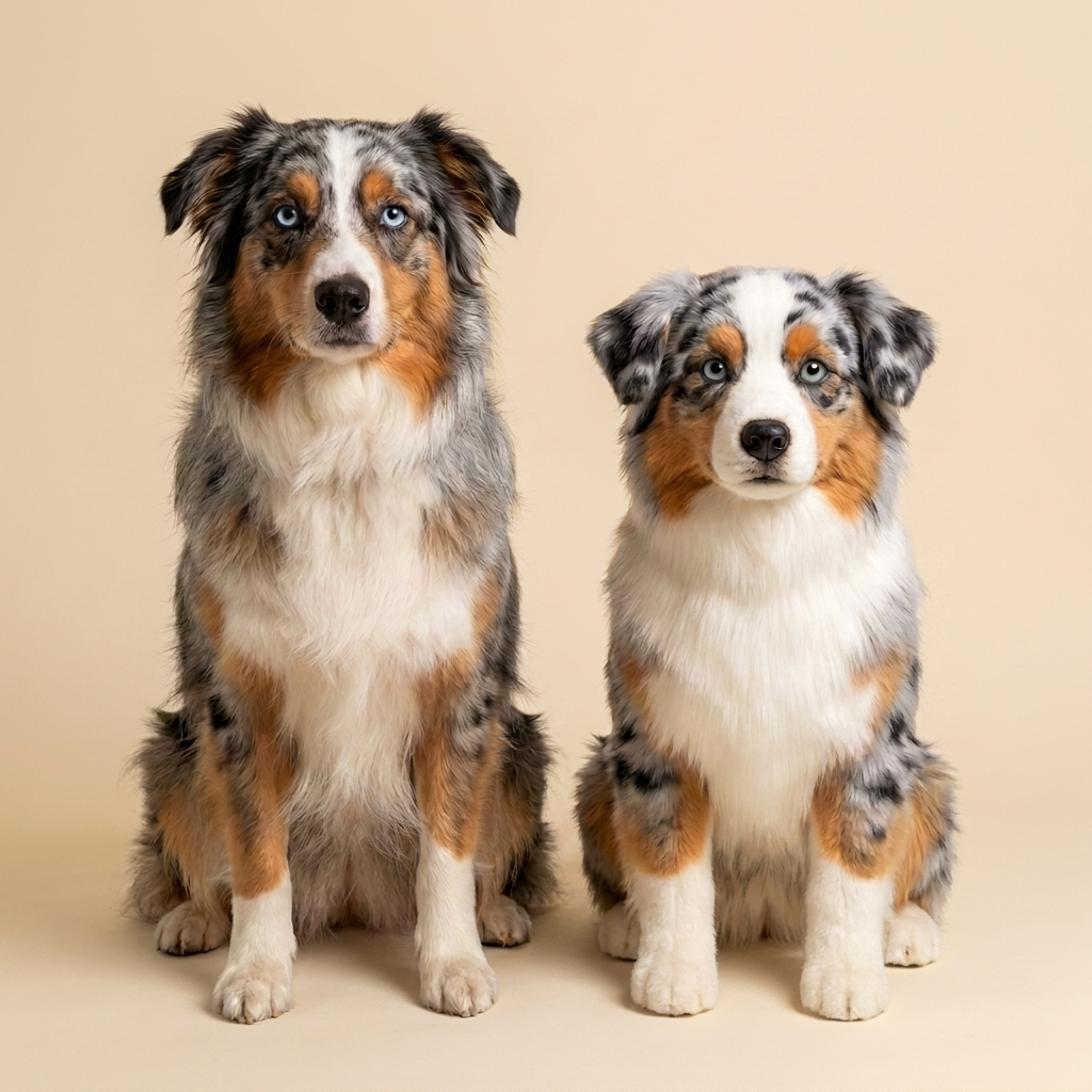A real Australian Shepherd sitting beside its lifelike Twinnie twin