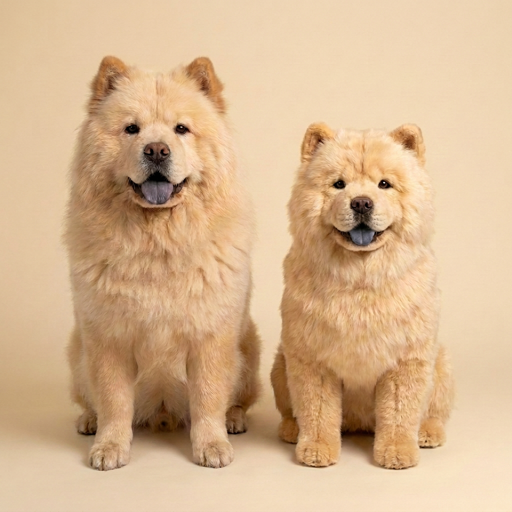 A real chow chow sitting beside its lifelike Twinnie twin
