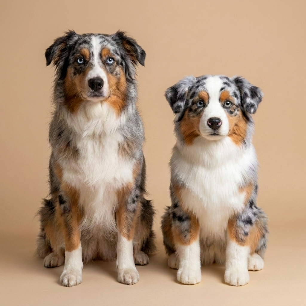An Australian Shepherd beside its Twinnie twin