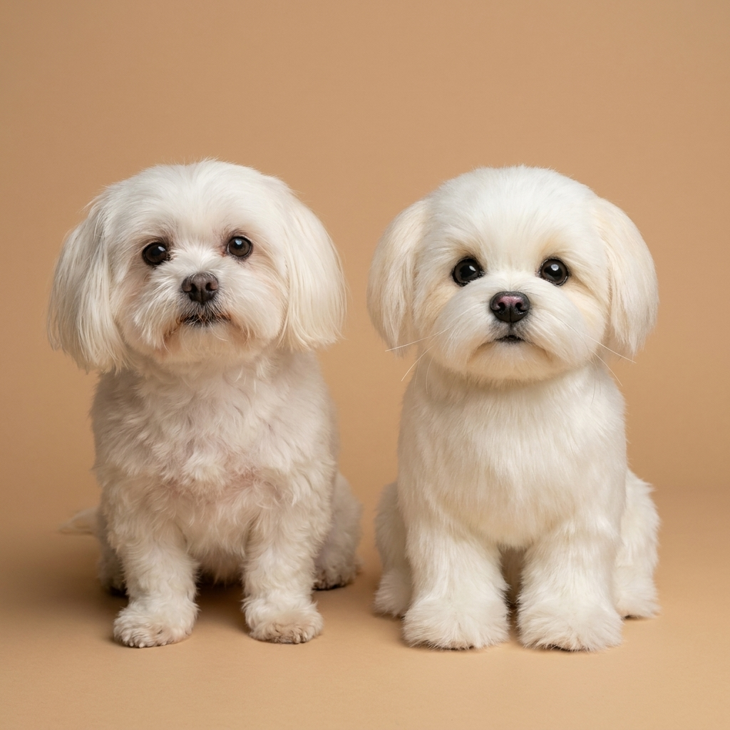 Maxie the maltese beside her Twinnie twin