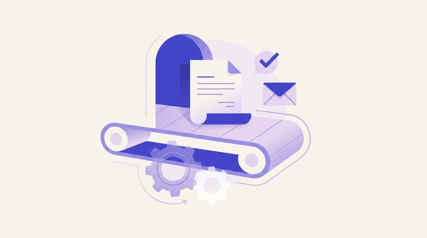Illustratie van geautomatiseerde offerte-opvolging: een offerte die via een lopende band met tandwielen automatisch wordt opgevolgd