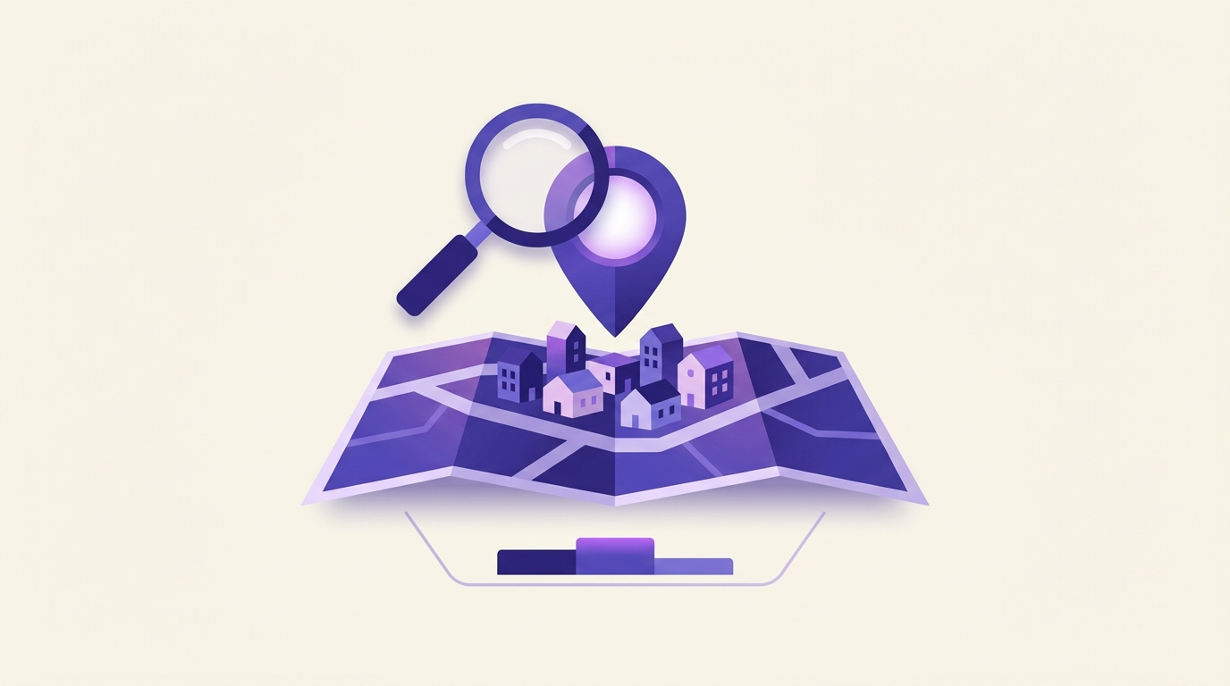 Illustratie van lokale SEO: een vergrootglas en locatiepin boven een kaart met een cluster huizen in een stad