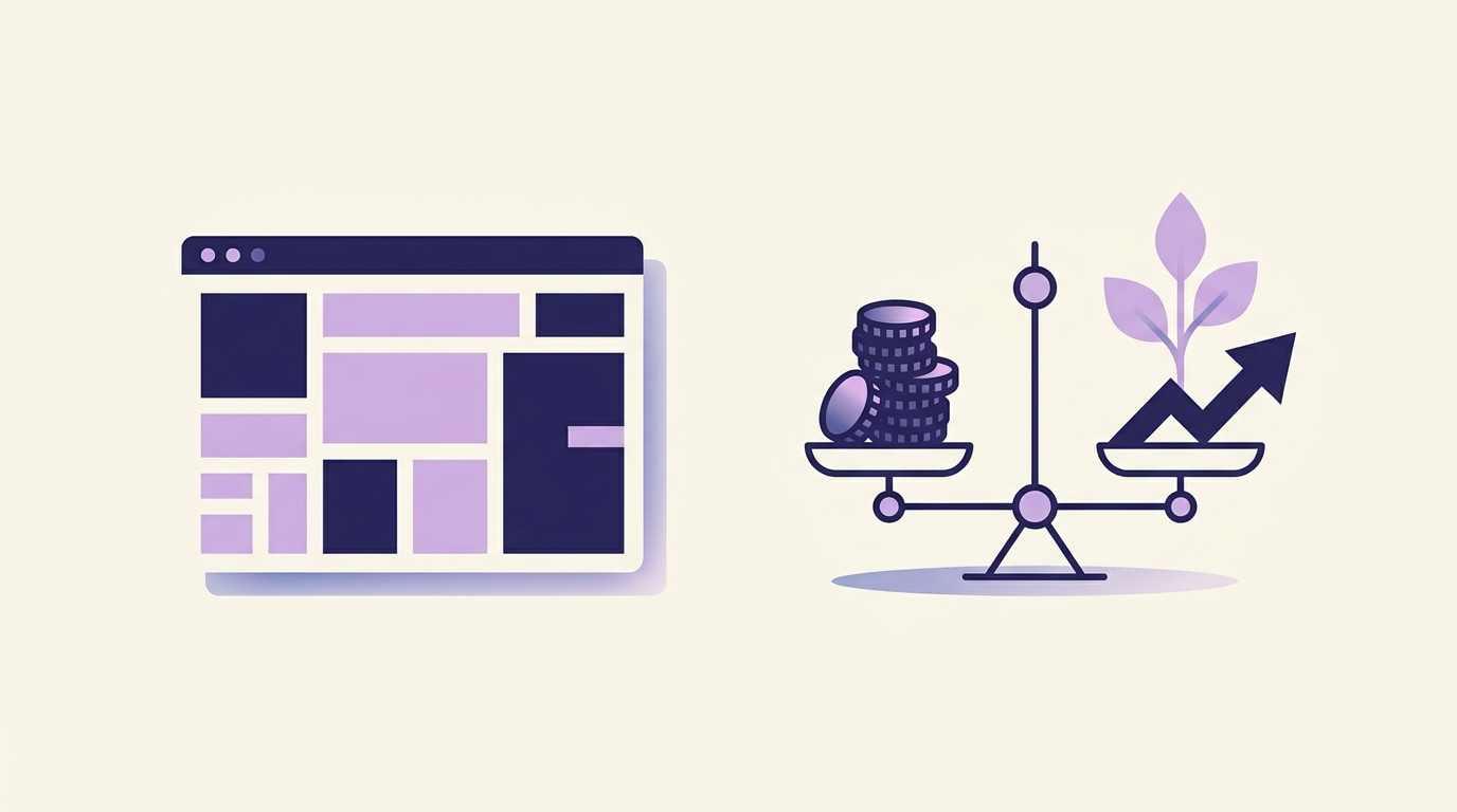 Vlakke editorial illustratie in MULTIMIND-indigo van een browservenster naast een weegschaal die kosten en rendement afweegt
