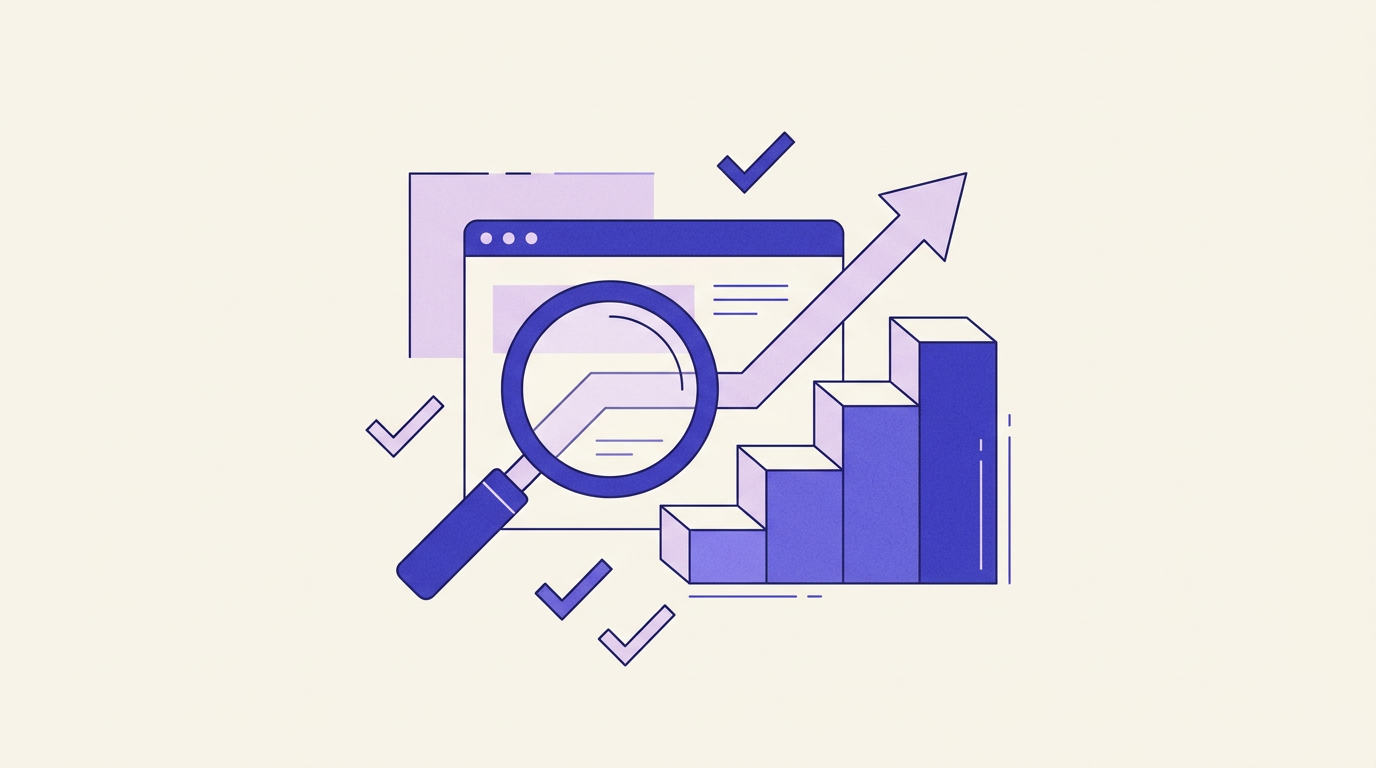 Vlakke editorial illustratie in indigo en lavendel met een browservenster, een vergrootglas, een stijgende staafdiagram en vinkjes