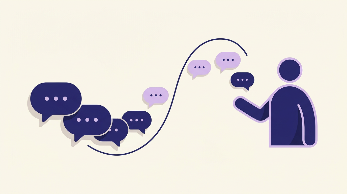 Vlakke illustratie van chatbubbels die overgaan in een medewerker, symbool voor klantenservice automatiseren met menselijke overdracht