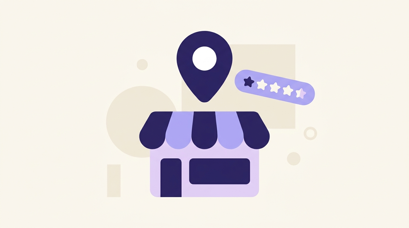 Vlakke illustratie van een winkelpui met een kaartspeld en reviewsterren in indigo en lavendel