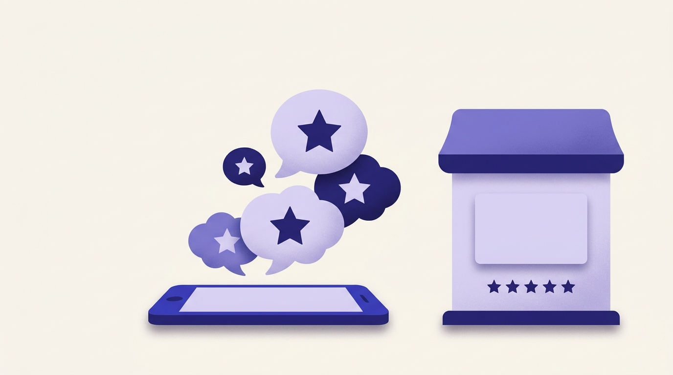 Vlakke illustratie van een smartphone waaruit spraakbubbels met sterren opstijgen, naast een winkelpand met een rij sterren
