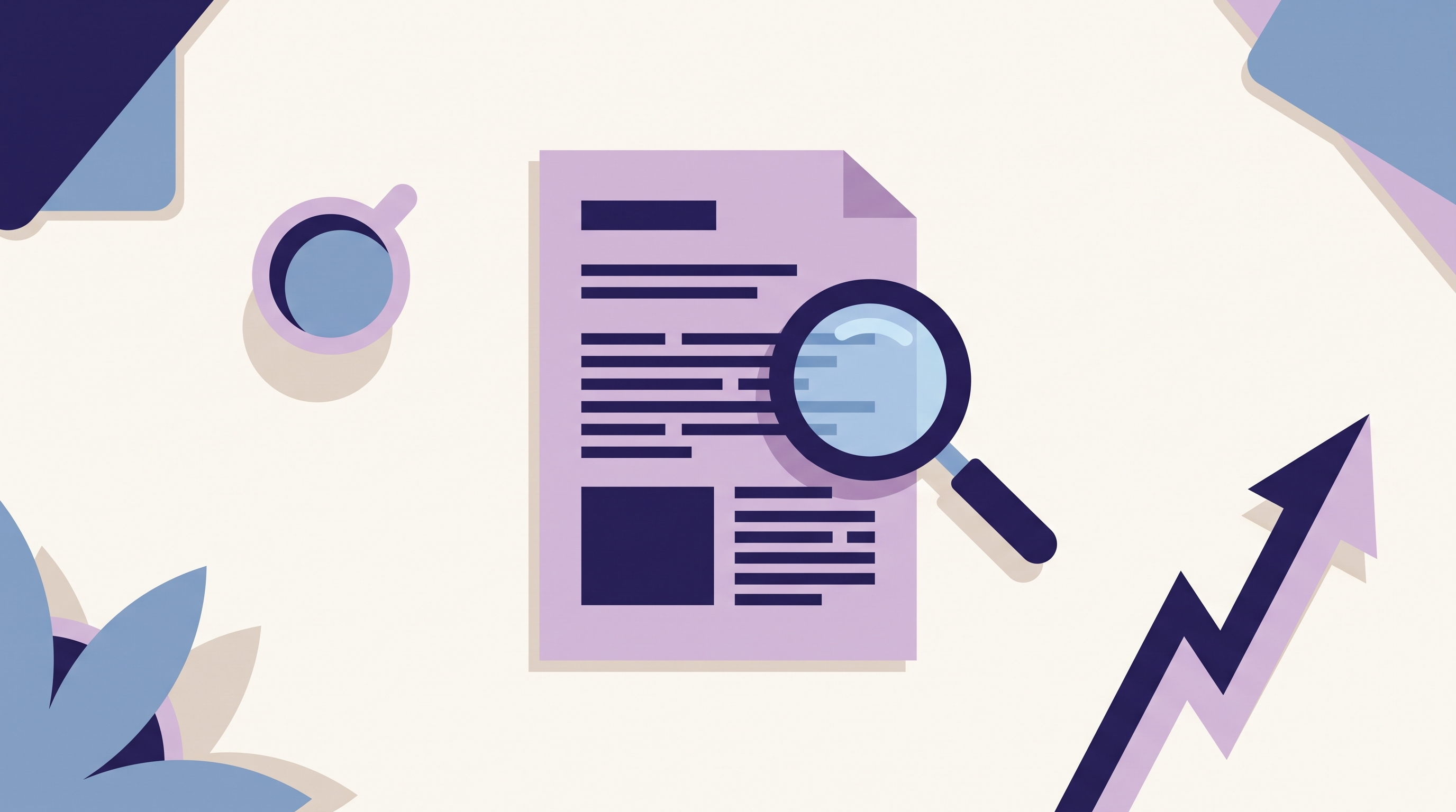 Vlakke illustratie van een SEO-tekst met vergrootglas en stijgende grafiek in MULTIMIND-indigo