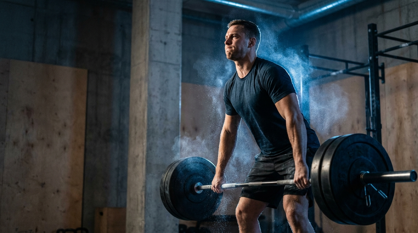 Athlete lifting a barbell under dramatic gym lighting