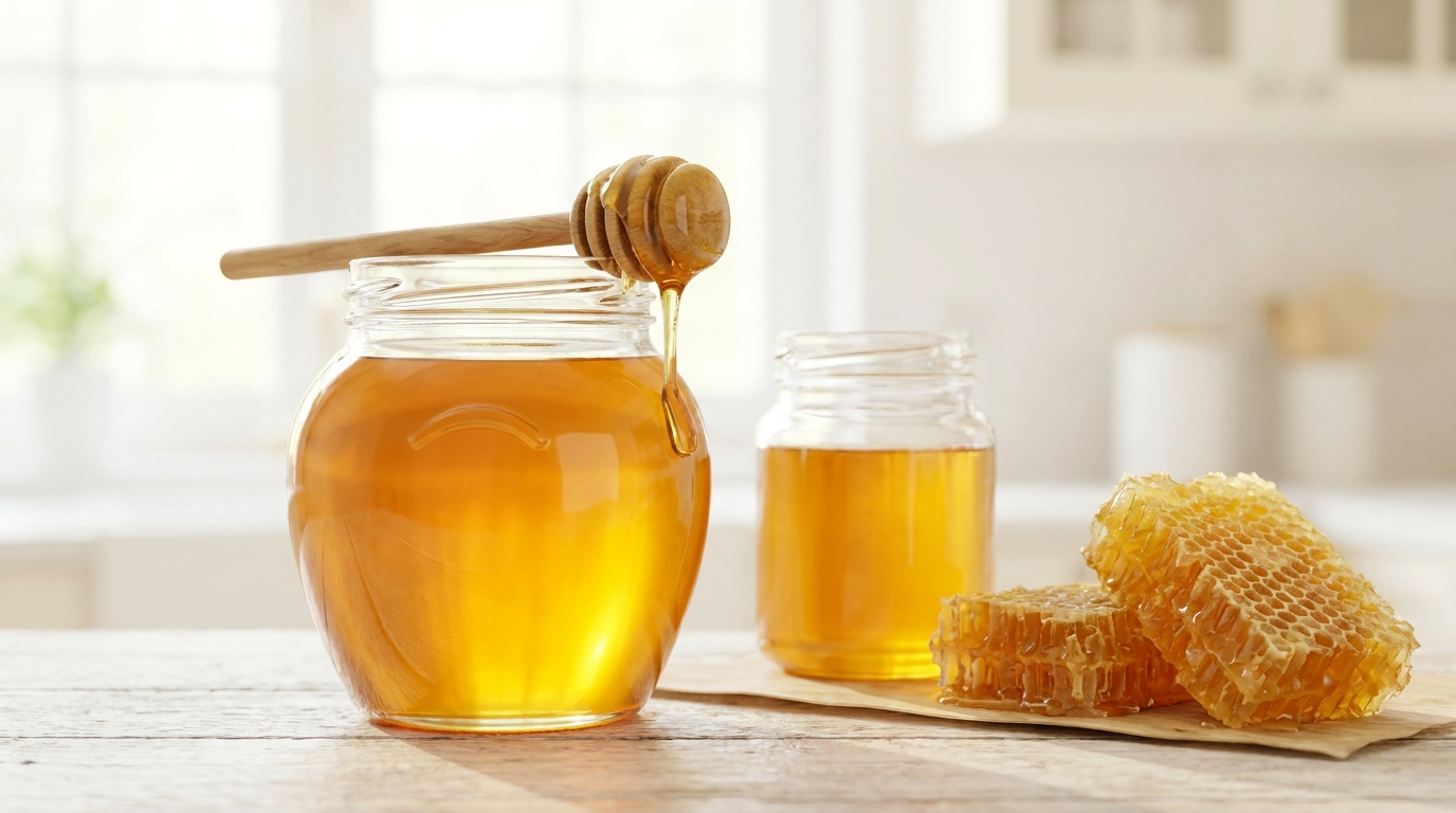Jar of golden Tilly Bee honey with dipper