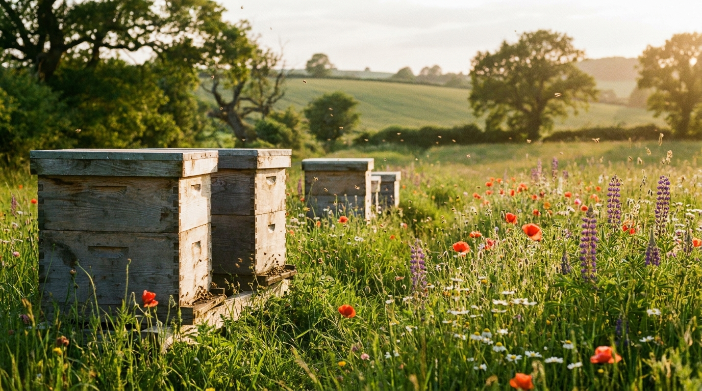 Tilly Bee hives in a wildflower meadow