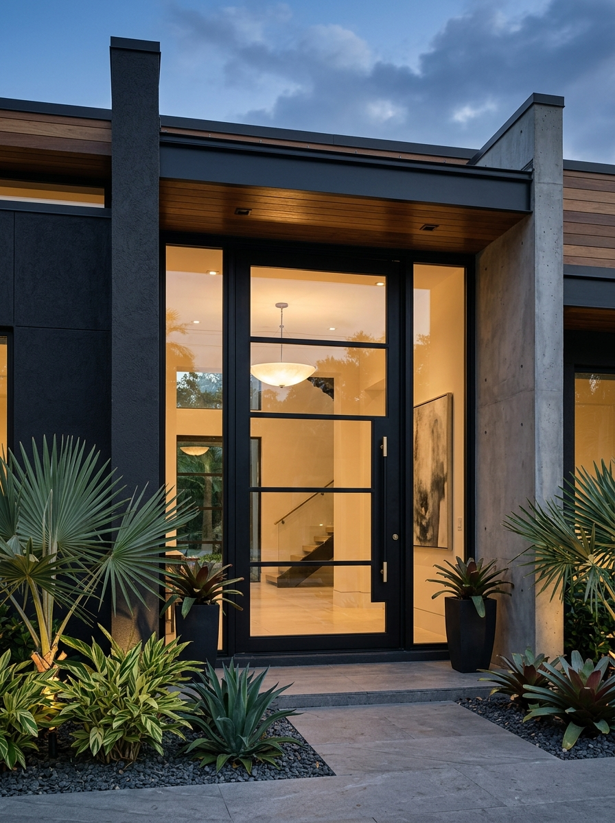 Modern black iron and glass front door on a contemporary Florida home at dusk