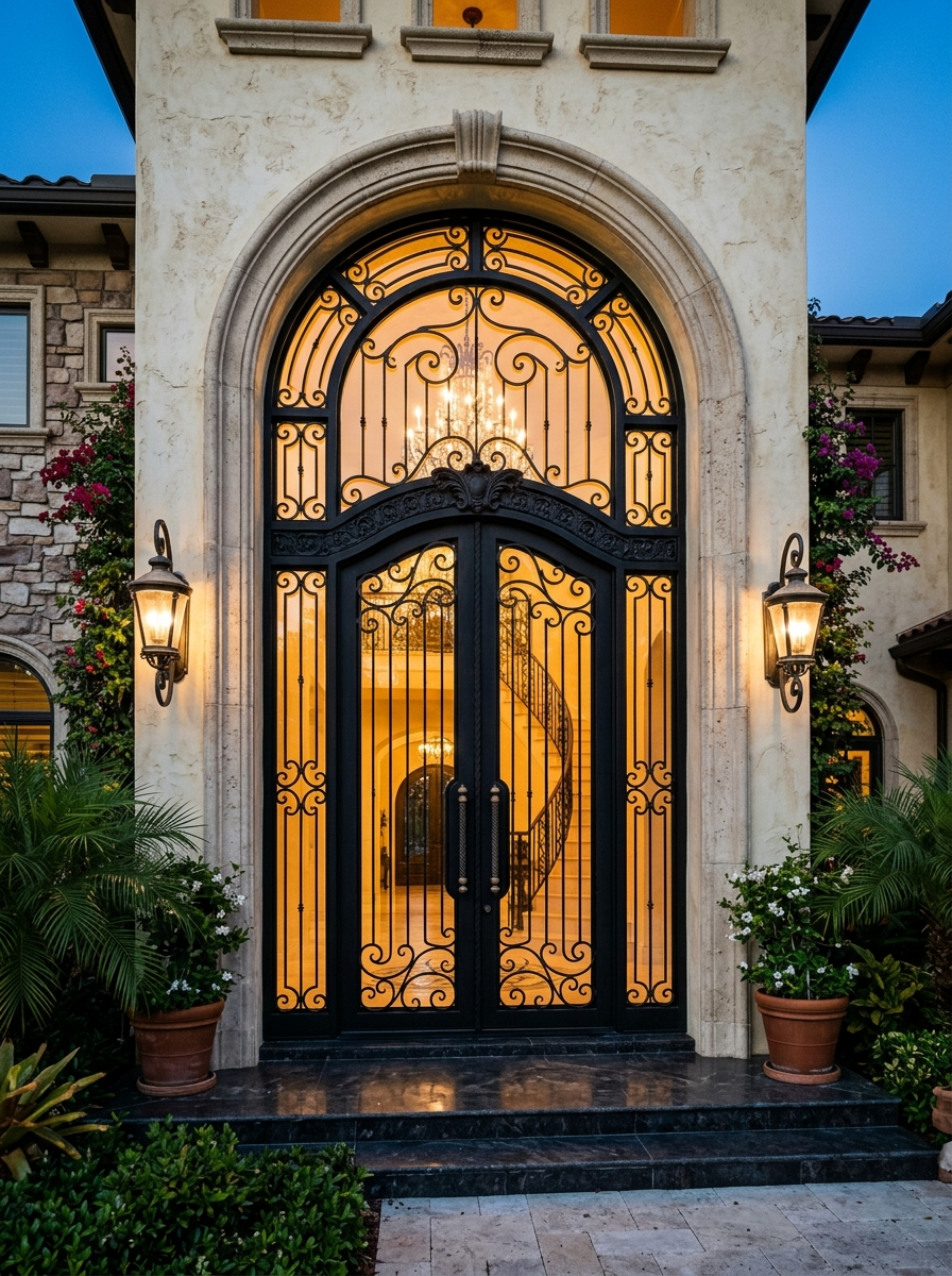 Grand arched black iron entry door with scrollwork on a Mediterranean-style Florida home