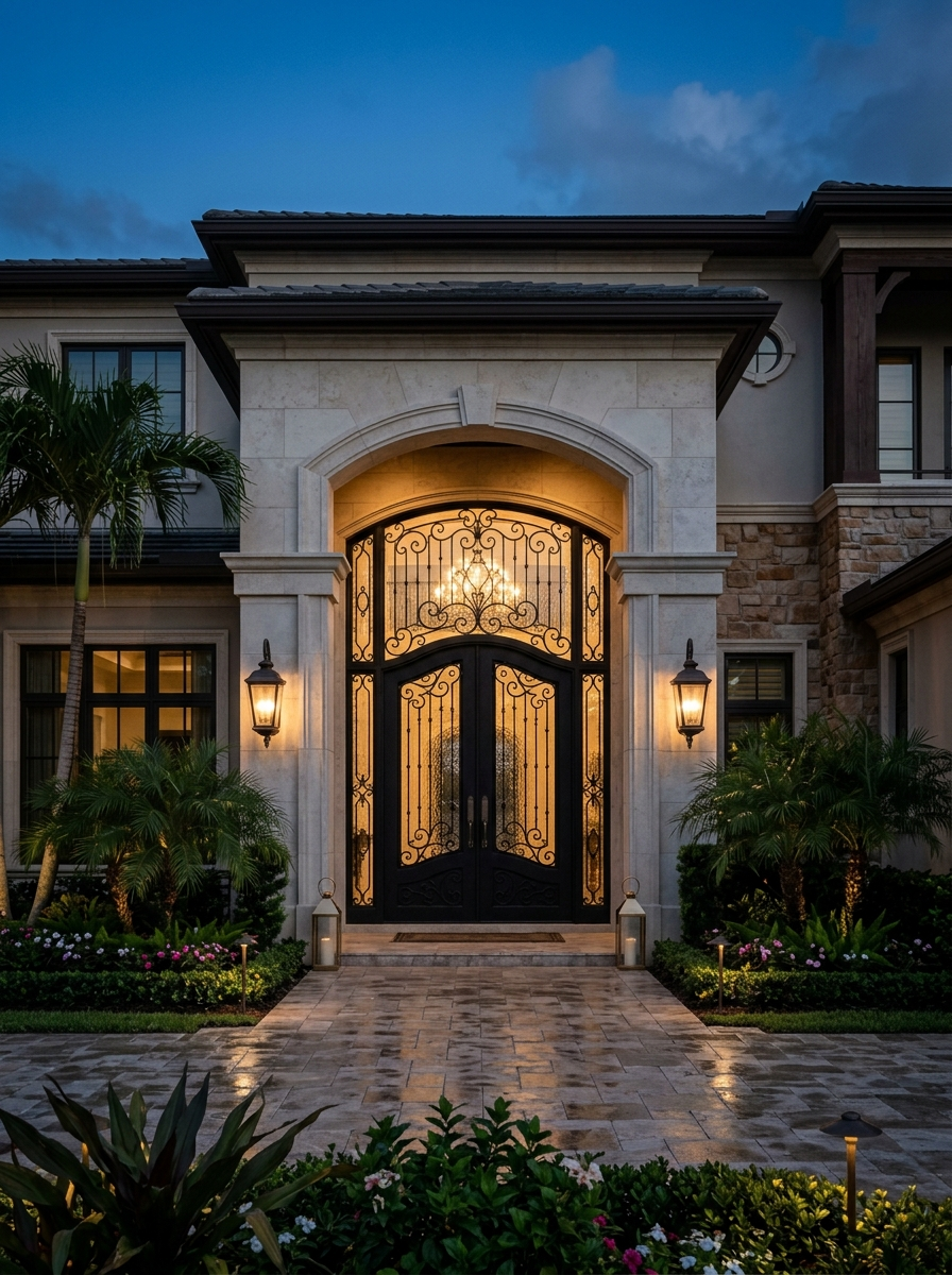 Dramatic custom black iron double entry doors on a luxury Florida estate at dusk