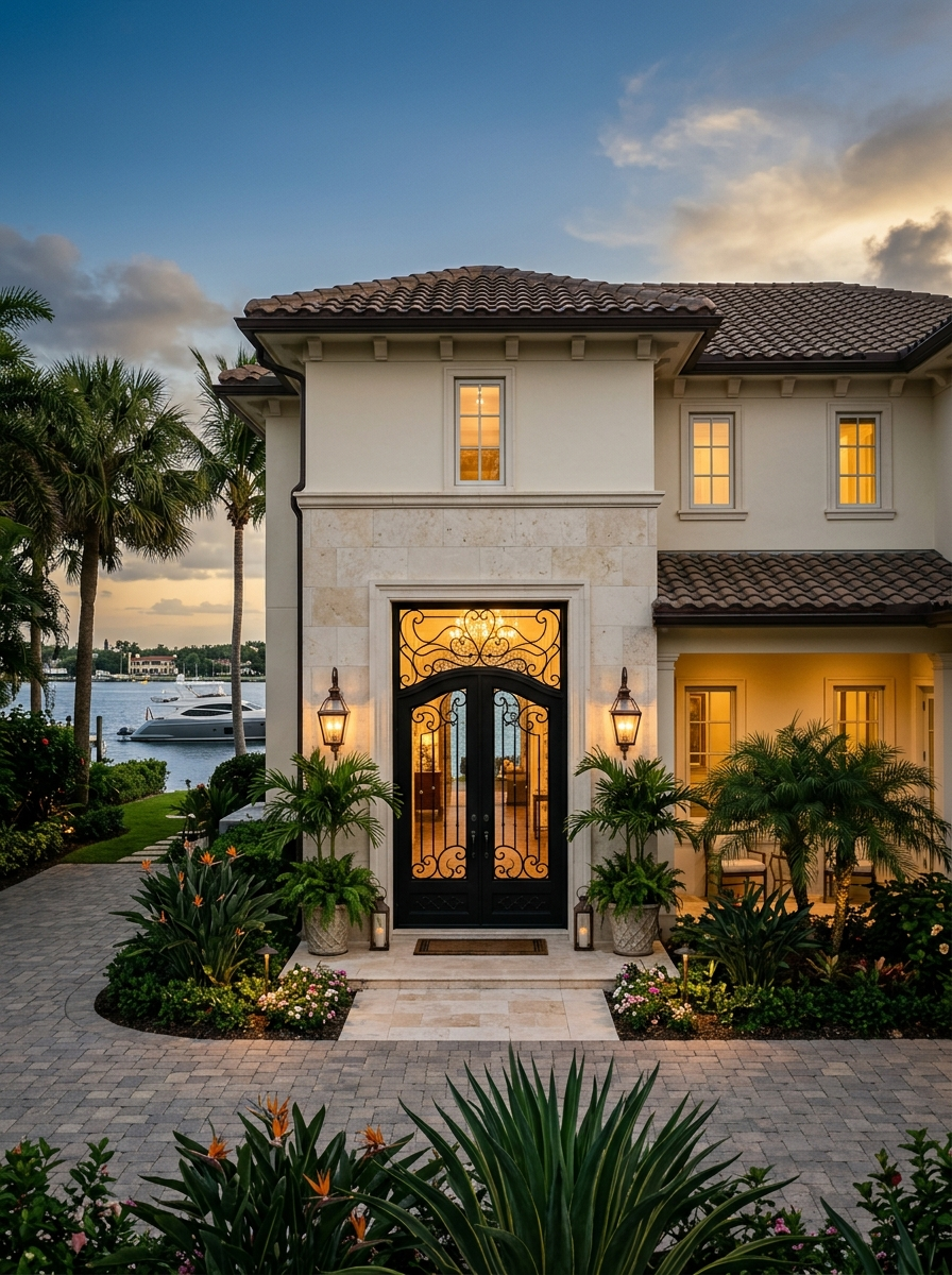 Luxury waterfront Florida home with custom black iron entry door and tropical landscaping