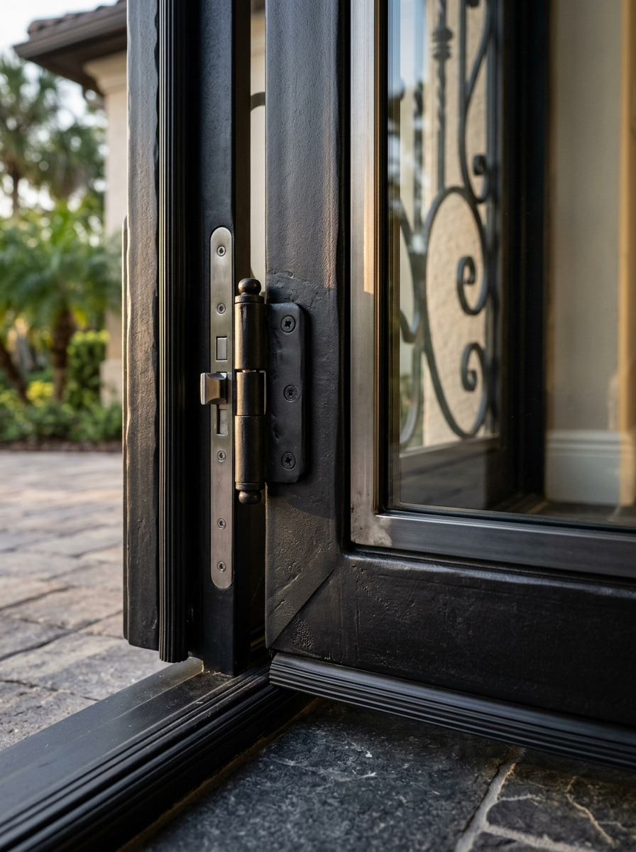 Close-up of luxury black steel door frame, glass edge, and precision hardware