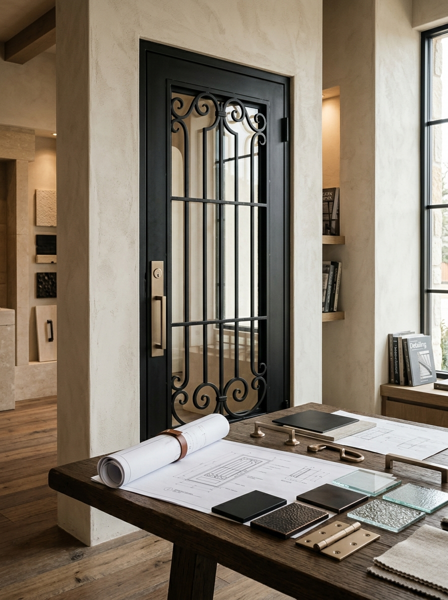 Custom black iron entry door in a luxury architectural design studio with plans and material samples