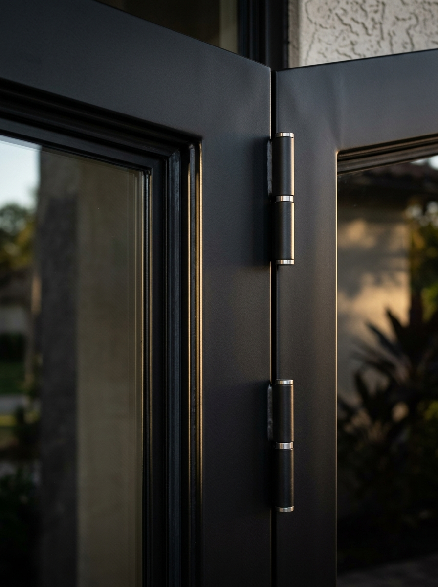 Close-up detail of a luxury black iron door system: frame corner, glass edge, weather seal, and welded ball-bearing hinge