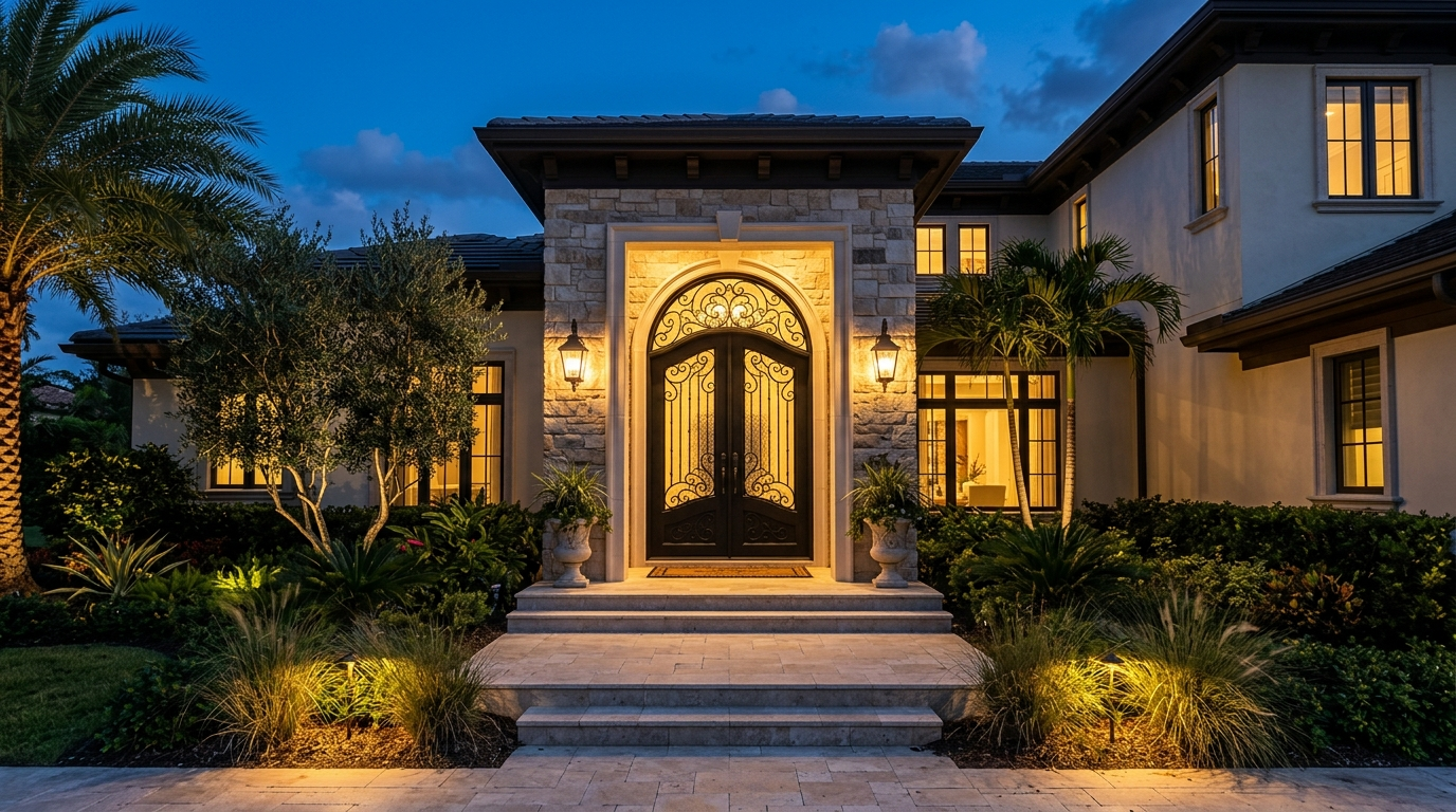 Glowing grand black iron entry door at dusk on a luxury Florida home