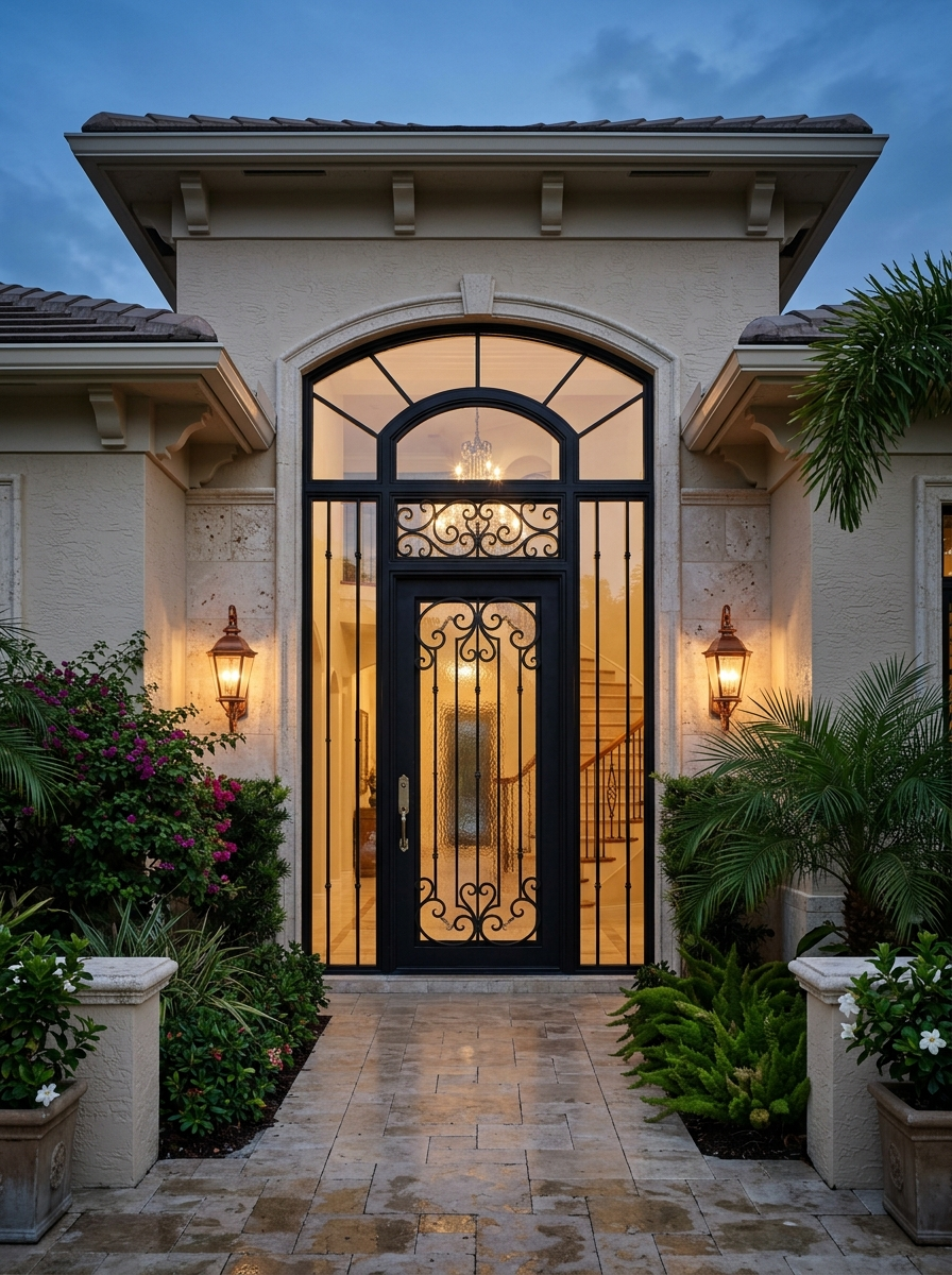 Single black iron entry door with sidelites and transom on an upscale Florida home