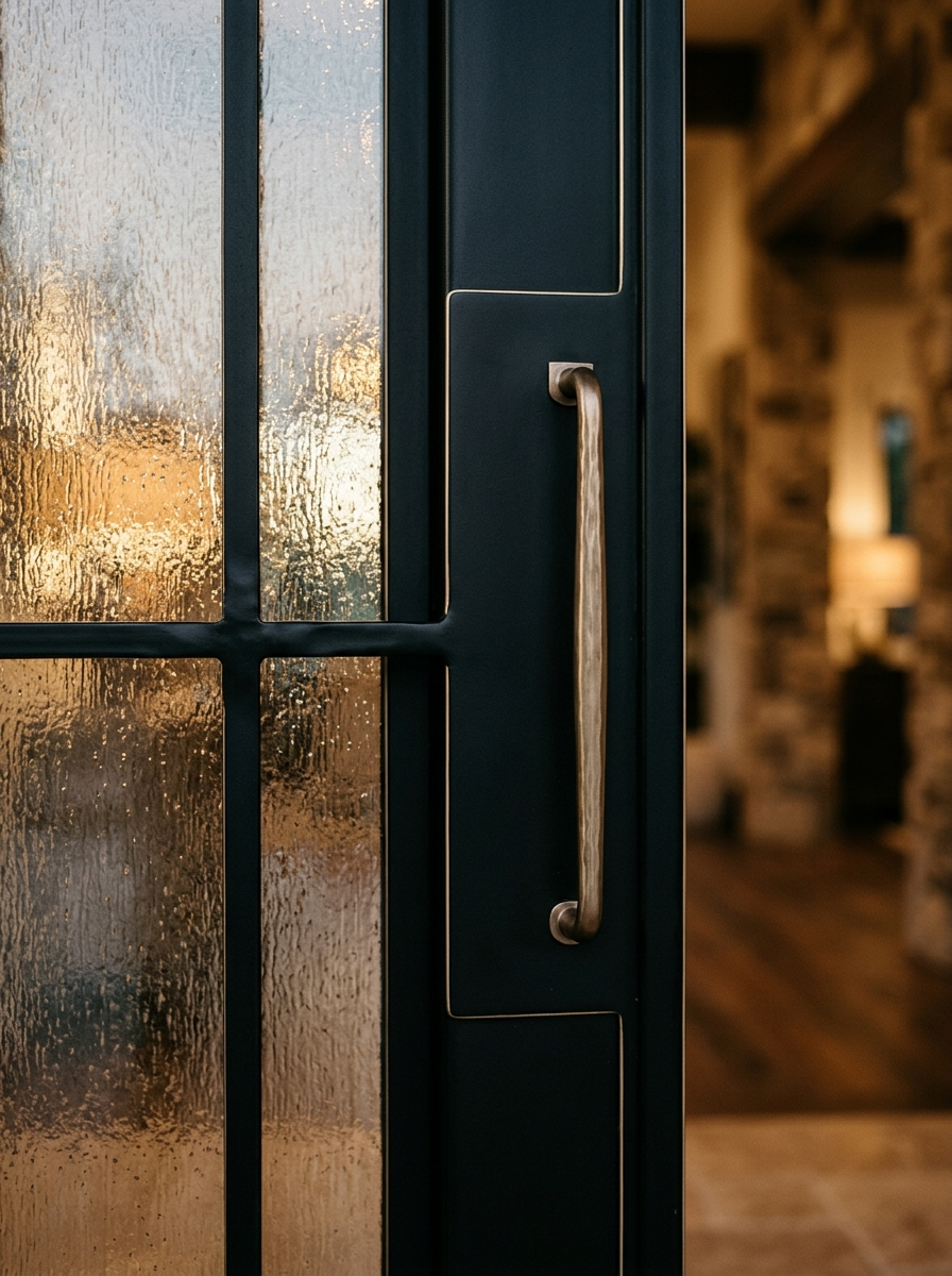 Luxury iron door privacy glass, champagne-bronze pull bar, and matte black finish detail