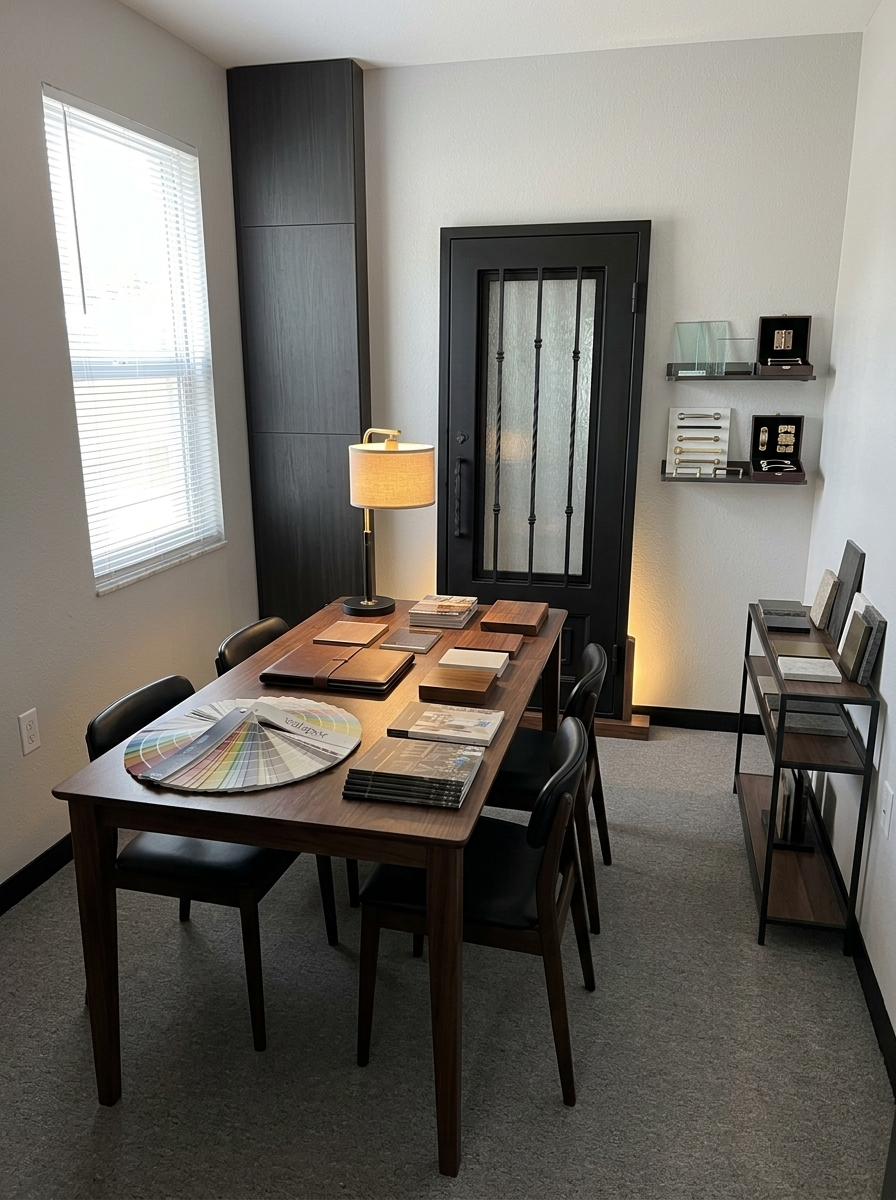 Private design consultation room with finish samples and iron door display