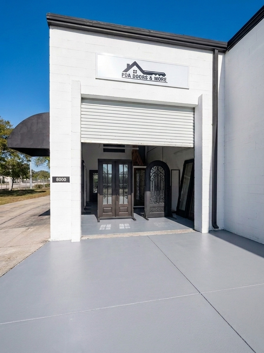 PDA Doors & More Largo studio with iron doors, a double door, and an arched door on display through the open bay