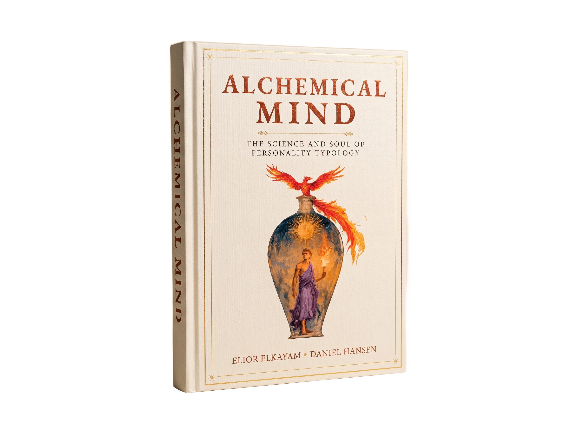 A hardcover copy of Alchemical Mind: The Science and Soul of Personality Typology, by Elior Elkayam and Daniel Hansen, standing at an angle
