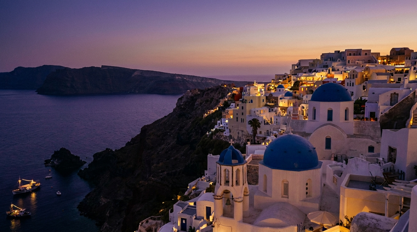 A Greek island at dusk
