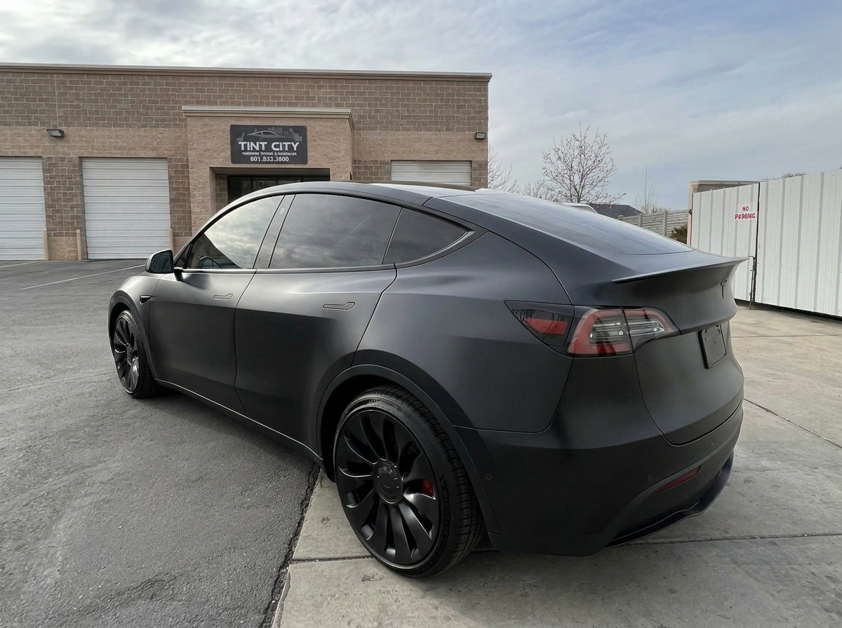 The same Tesla Model Y in a satin black color-change wrap