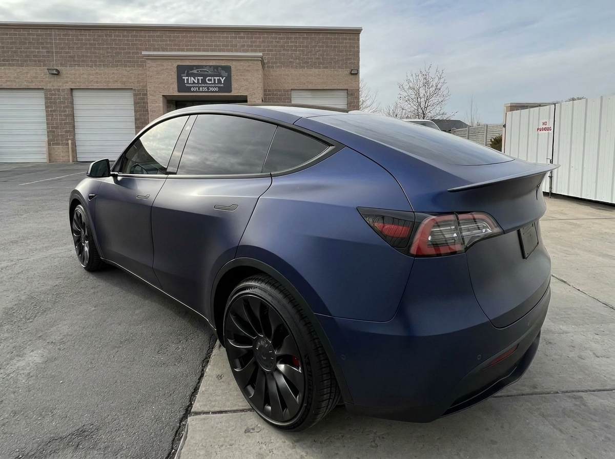 The same Tesla Model Y in a midnight blue color-change wrap