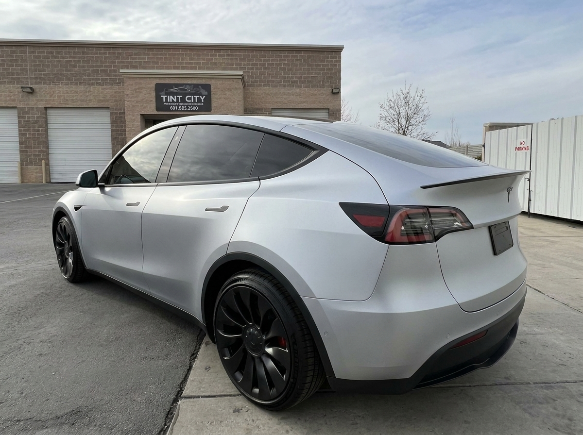 The same Tesla Model Y in a frost silver color-change wrap