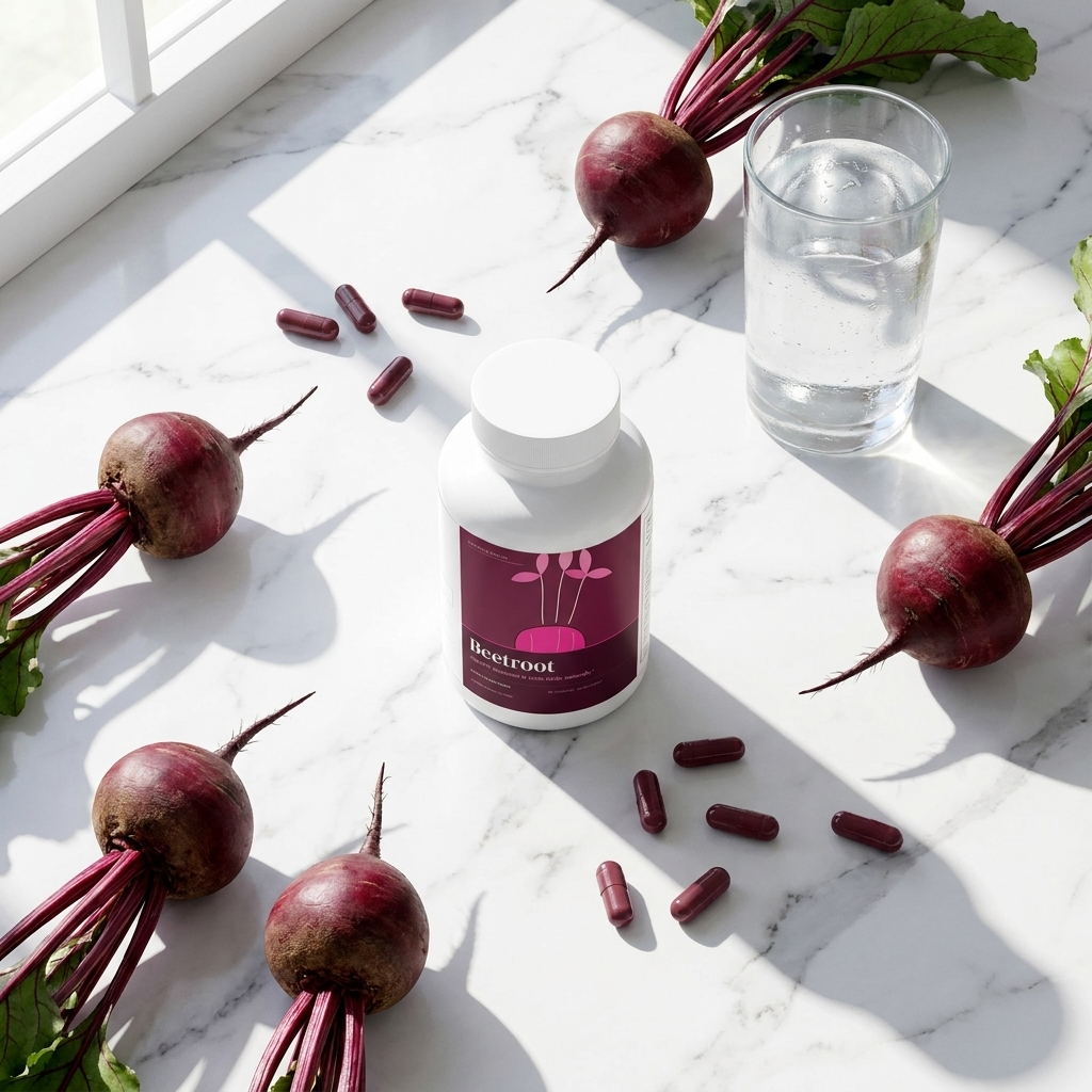 Corvella Beetroot on white marble — editorial flat lay
